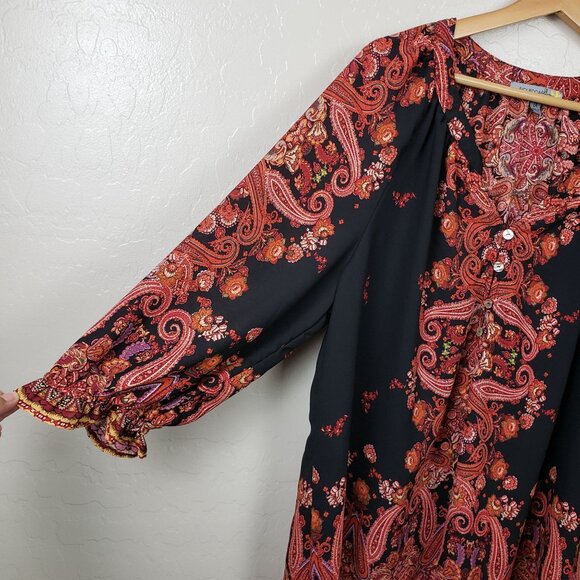 Figueroa & Flower Paisley Floral Bohemian Peasant Blouse Black Multi Women's 1X - Picture 6 of 11